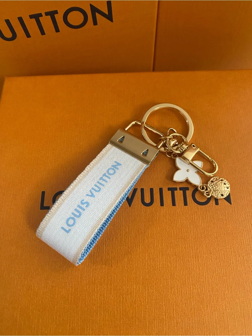 Louis Vuitton White and Light Blue Ribbon Keyring with Gold Hardware